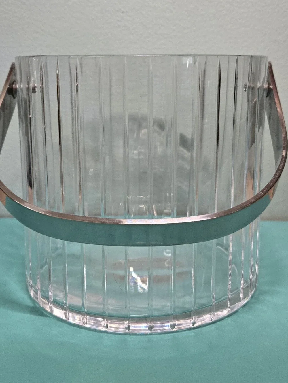 Vtg Crystal Sasaki Ice Bucket with Stainless Steel Handle Fine Crystal 6in
